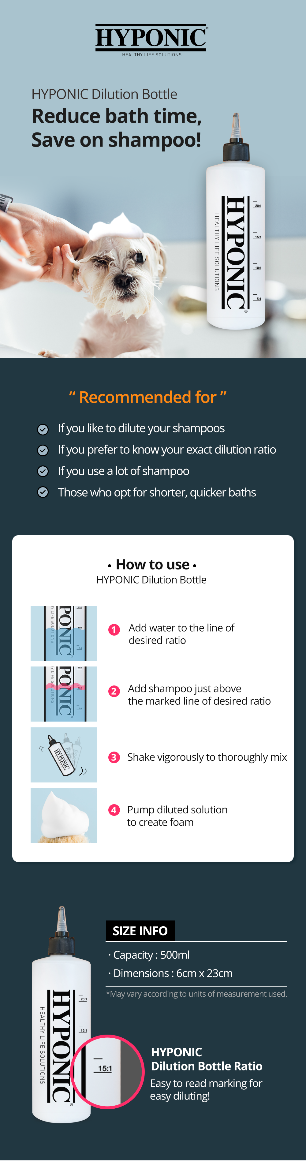 HYPONIC Dilution Bottle – 500ml Shampoo Mixer with Dilution Ratio Markings info sheet