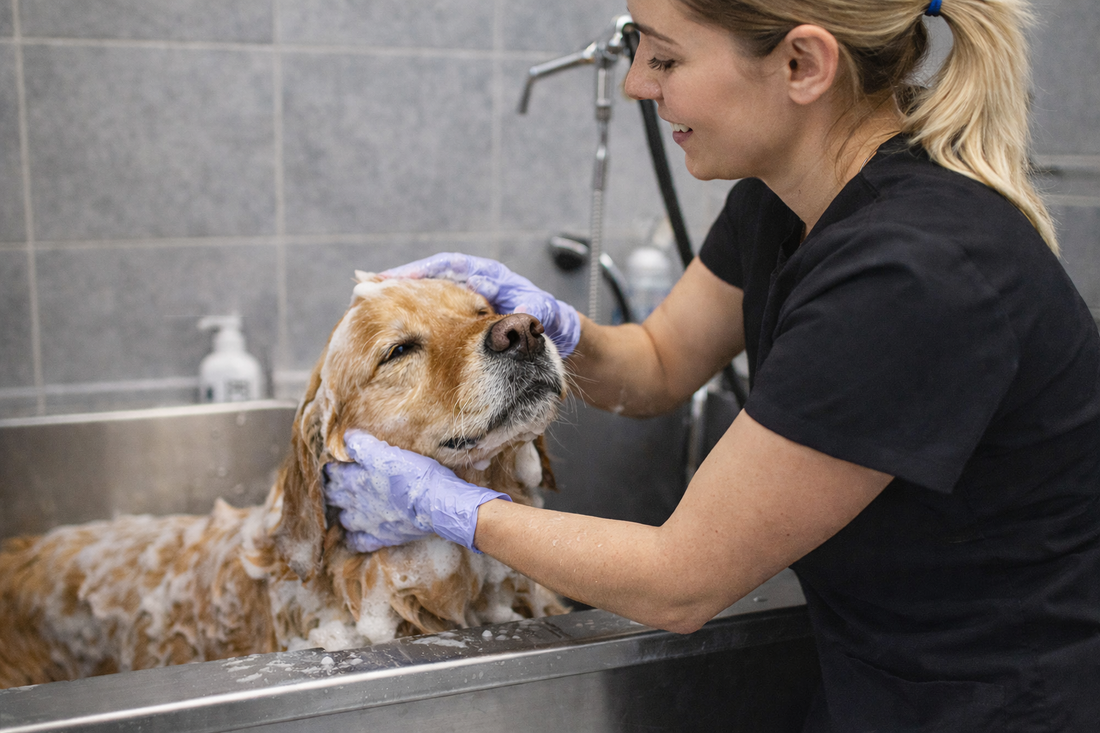 Groomer washing a dog