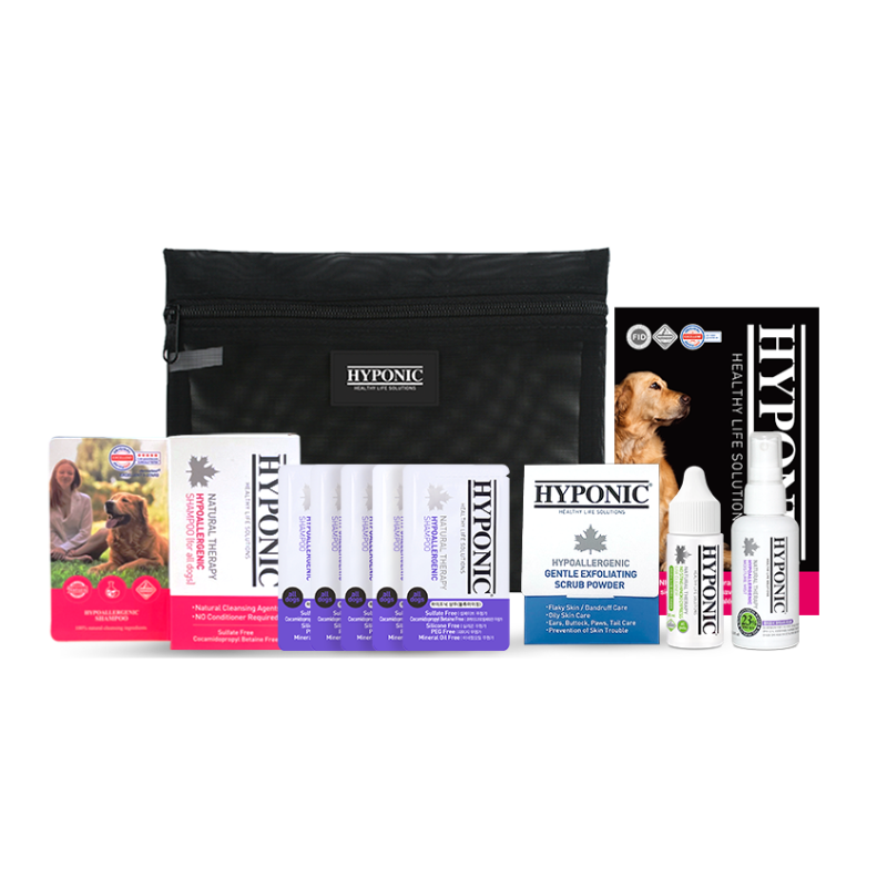 HYPONIC Mini Set – Natural Ear Cleaner, Detangling Mist, Scrub, and Volumizing Shampoo for Pets